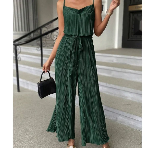 Luxe Burgundy Pleated Belted Wide Leg Cami Jumpsuit
